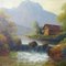 Summer Mountain Landscape with Waterfall and Hut, 19th Century, Oil on Canvas, Framed 5