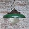 Vintage Industrial Green Enamel Cast Iron Holophane Glass Pendant Lamps 6