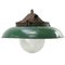 Vintage Industrial Green Enamel Cast Iron Holophane Glass Pendant Lamps 1