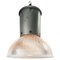 Lampes à Suspension Industrielles Vintage en Métal Gris et Verre Holophane Rayé Transparent 3