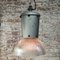 Vintage Industrial Grey Metal and Clear Striped Holophane Glass Pendant Lamps 4