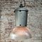 Vintage Industrial Grey Metal and Clear Striped Holophane Glass Pendant Lamps, Image 4