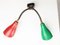 Red & Green Brass and Black Wood Adjustable Wall Lamp, 1960s, Image 3