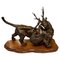 Tigre et Antilope Bronze Meiji, Japon sur Socle en Bois Dur 1