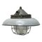 Vintage Industrial Light Grey Enamel Cast Iron and Holophane Glass Pendant Lamps 1