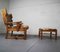 Brutalist Oak Lounge Chair and Ottoman with Upholstery in Goat Hide, Set of 2 3