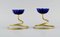 Candleholders in Brass and Blue Art Glass by Gunnar Ander for Ystad Metall, 1950s, Set of 2 2