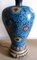 Blaue Opake Vintage Tischlampe aus Emaille mit Rot-Blauem Leinenschirm, 1920er 5