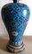 Blaue Opake Vintage Tischlampe aus Emaille mit Rot-Blauem Leinenschirm, 1920er 4