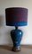 Vintage Blue Opaque Enamel Table Lamp with Red-Blue Linen Umbrella, 1920s 1