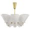 Mid-Century Brass Chandelier with White Textured Glass Lamp Shades attributed to J. T. Kalmar for Kalmar, 1950s 1