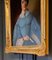 Portrait de Femme en Robe Bleue à l'Éventail, Milieu du 19ème Siècle, Huile sur Toile, Encadrée 10