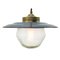 Vintage Gray Enamel and Brass Frosted Glass Pendant Light, Image 2