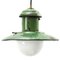 Lampe à Suspension Industrielle Vintage en Émail Vert et Verre Opalin 1