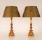 Vintage French Country Green Silk Shades & Italian Baroque Giltwood Table Lamps by Maison Charles for Maison Jansen, Set of 2, Image 1