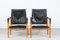 Safari Chairs with Black Leather by Kaare Klint for Rud Rasmussen, Denmark, 1960s, Set of 2 1