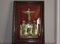 French Crucifix in Ornate Wooden Frame on Red Velvet with Convex Glass, 1950s 1