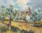 Artiste inconnu, Paysage post impressionniste avec oliviers et église de village, 1974, huile sur toile, encadrée 1