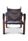 Mid-Century Safari Stuhl mit Sling Armlehnen aus schwarzem Leder, Gestell aus Buchenholz & Stoffbezug von Kaare Klint, 1950er 2