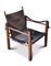 Mid-Century Safari Stuhl mit Sling Armlehnen aus schwarzem Leder, Gestell aus Buchenholz & Stoffbezug von Kaare Klint, 1950er 1