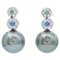 14 Karat White Gold Earrings with Grey Pearls, Aapphires, Emeralds, Diamonds, Set of 2 1