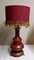 Vintage Red-Painted Metal Table Lamp with Gold-Colored Decoration and Red Fabric Shade, 1960s 1