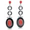 Platinum Dangle Earrings with Coral, Onyx & Diamonds, 1960s, Set of 2 1
