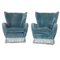 Italian Turquoise Blue Velvet Armchairs with Fringes, 1950s, Set of 2 1
