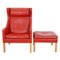 Vintage Chair in Red Leather with Ottoman by Børge Mogensen for Fredericia, 1980s, Set of 2 1