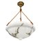 Art Deco French Marbled White Glass and Brass Pendant Light, 1950s 1