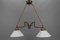 Art Nouveau Brass and White Glass Two-Light Pendant Chandelier, 1950s 2