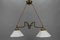 Art Nouveau Brass and White Glass Two-Light Pendant Chandelier, 1950s, Image 2