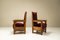 Dutch Amsterdam School High Back Chairs in Oak and Burgundy, 1930s, Set of 2, Image 3