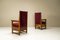 Dutch Amsterdam School High Back Chairs in Oak and Burgundy, 1930s, Set of 2, Image 2