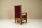 Dutch Amsterdam School High Back Chairs in Oak and Burgundy, 1930s, Set of 2 5