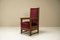 Dutch Amsterdam School High Back Chairs in Oak and Burgundy, 1930s, Set of 2, Image 4