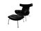 Easy Chair Ap46 and Stool Ap49 in Original Black Leather by Hans Wegner for Ap Stolen, Denmark, 1960s, Set of 2 2