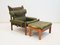 Inca Chair with Ottoman in Olive Green Leather by Arne Norell for Arne Norell Ab, 1960s, Set of 2 1
