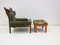 Inca Chair with Ottoman in Olive Green Leather by Arne Norell for Arne Norell Ab, 1960s, Set of 2 3