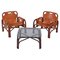 Mid-Century Bamboo and Leather Italian Armchairs and Table by Tito Agnoli, 1960s, Set of 3, Image 1