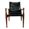 Englischer Mid-Century Safari Stuhl aus Mahagoni und schwarzem Leder 3