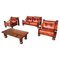 Mid-Century Modern Leather and Wood Sofa, Armchairs and Table, Italy, 1970s, Set of 4 1