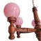 Large Portuguese Farmhouse Wooden Wood Pink Opaline Milk Glass 5-Light Chandelier, 1960s 12