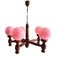 Large Portuguese Farmhouse Wooden Wood Pink Opaline Milk Glass 5-Light Chandelier, 1960s 2