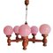 Large Portuguese Farmhouse Wooden Wood Pink Opaline Milk Glass 5-Light Chandelier, 1960s 1