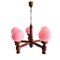 Large Portuguese Farmhouse Wooden Wood Pink Opaline Milk Glass 5-Light Chandelier, 1960s 3