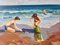 J. Ruiz, Enfants Jouant à la Plage, 1960s, Huile sur Toile 1