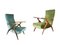 Fauteuils Inclinables Verts et Bleus en Velours d'Eau et Bois, 1950s, Set de 2 1