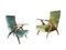 Green & Blue Water Velvet and Wood Reclining Armchairs, 1950s, Set of 2 1