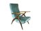 Green & Blue Water Velvet and Wood Reclining Armchairs, 1950s, Set of 2 19